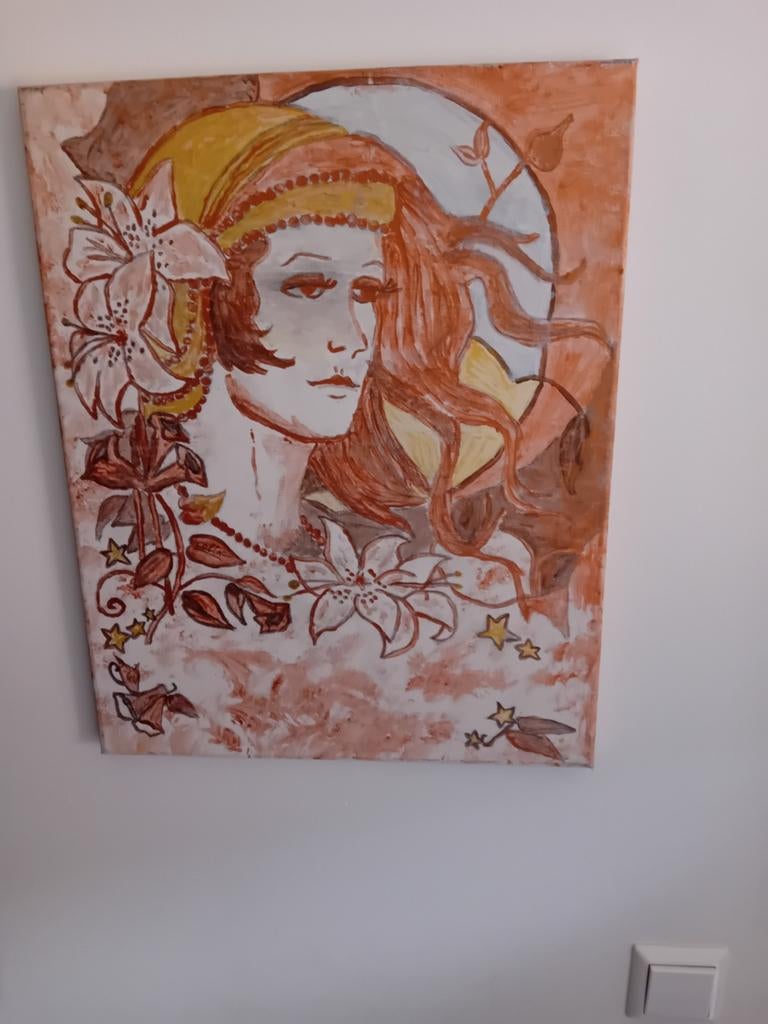 Schilderij van een vrouw met bloemen en sterren, Ophalen