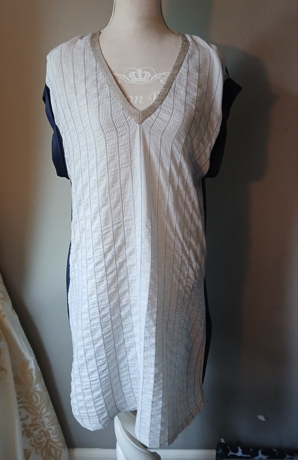 Zara gebreide tuniek/jurk met split  Beige/Donkerblauw (Maat, Maat 42/44 (L), Ophalen of Verzenden, Zo goed als nieuw, Boven de knie