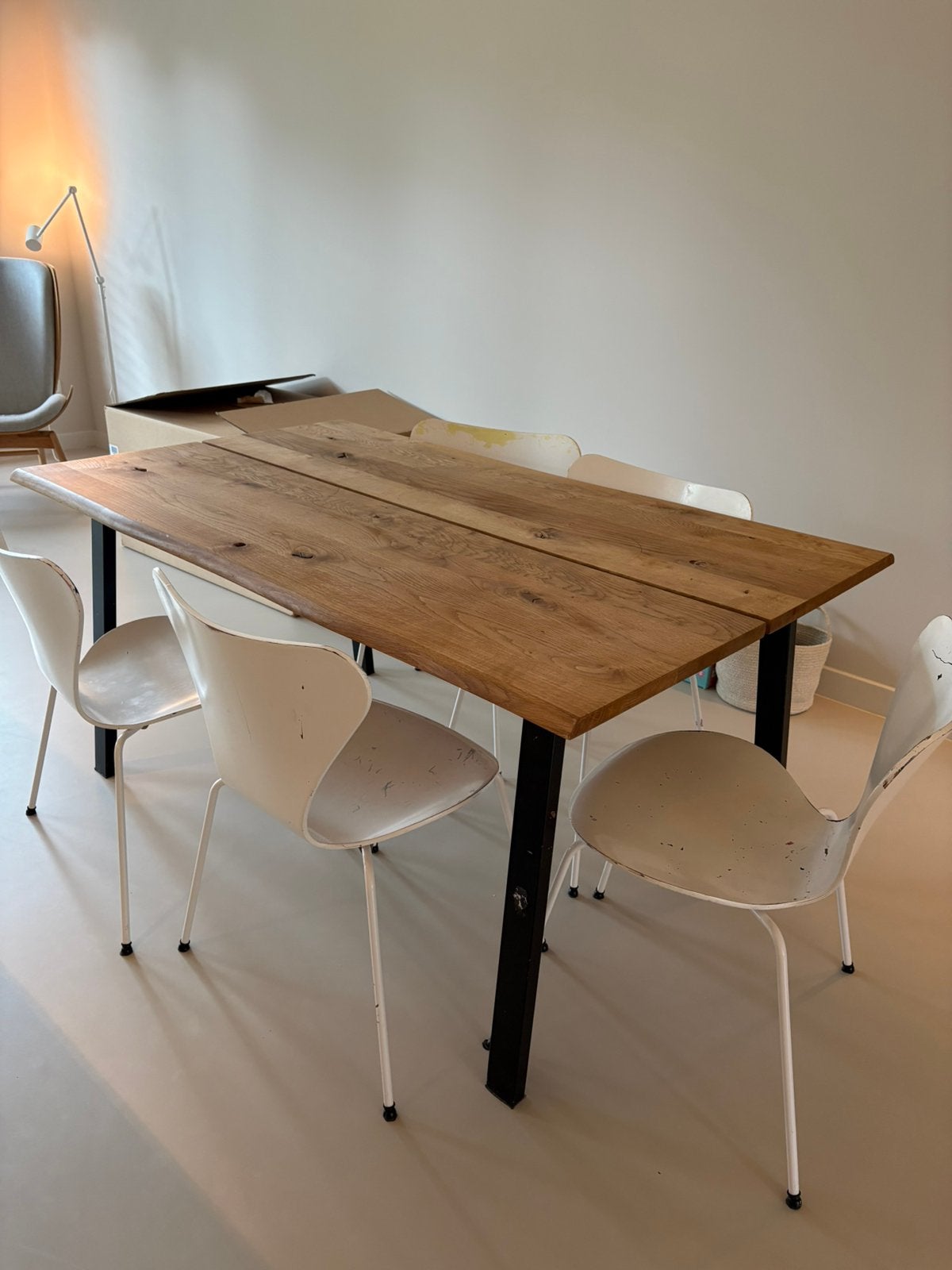 Eettafel Hout/zwarte stalen poten, Ophalen, Gebruikt, 50 tot 100 cm, 150 tot 200 cm