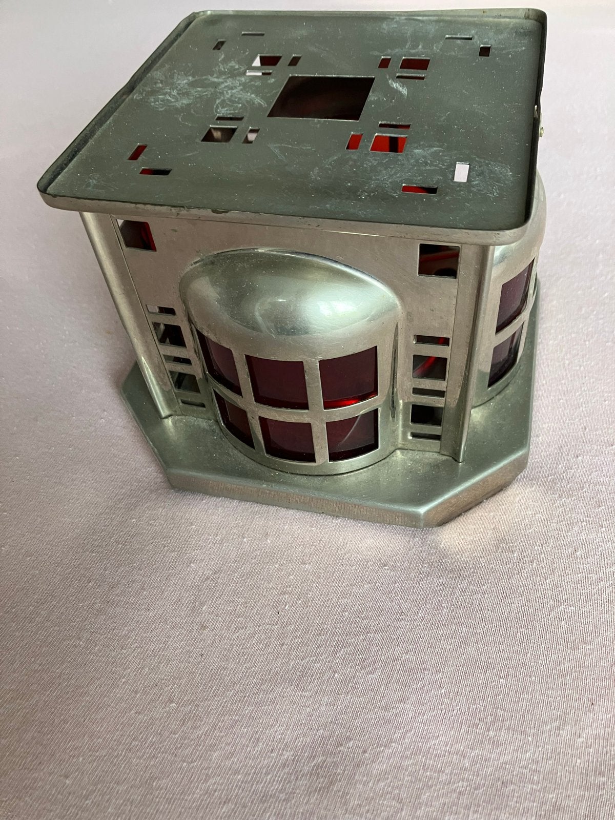Vintage metal theelicht/waxinelichthouder met rode ramen, Ophalen of Verzenden
