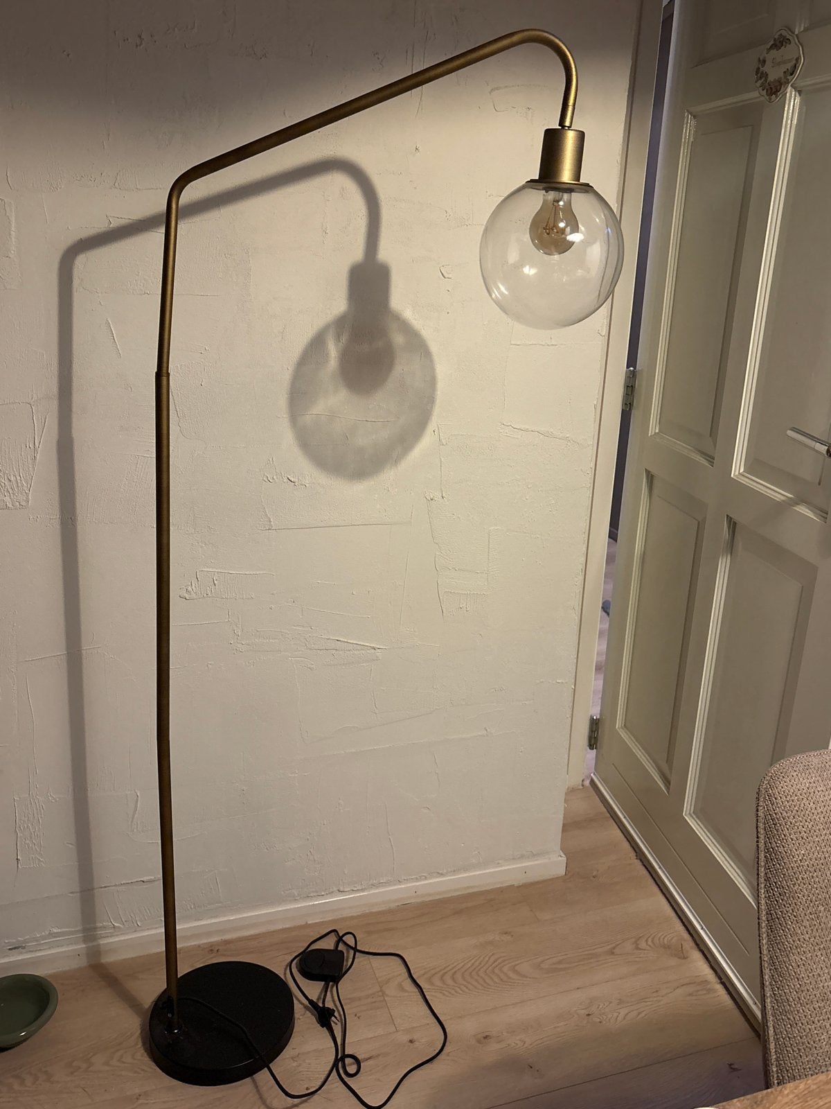 Vintage Stalen Vloerlamp met Glazen Bol - Industriële Stijl, Ophalen, Gebruikt, E27 (groot), Metaal