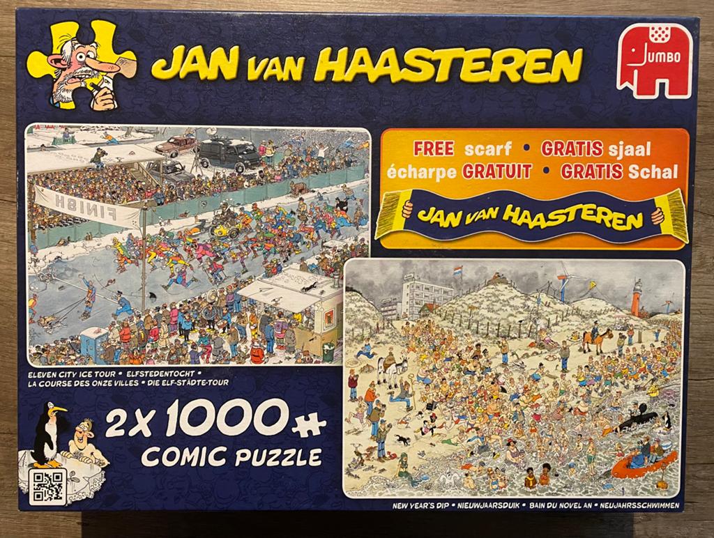 Jan van Haasteren 2x 1000 stukjes puzzel met sjaal, Hobby en Vrije tijd, Denksport en Puzzels, Ophalen of Verzenden, 500 t/m 1500 stukjes