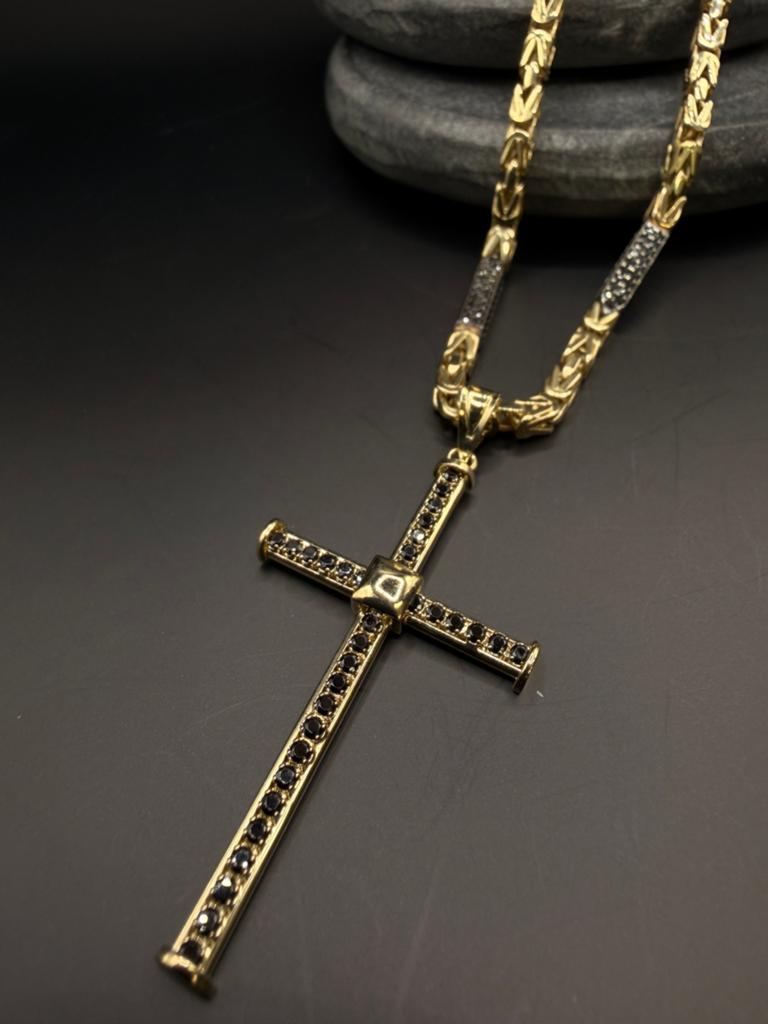 14k kruis met koningsketting onyx natuursteen, Ophalen of Verzenden, Nieuw, Zwart, Goud