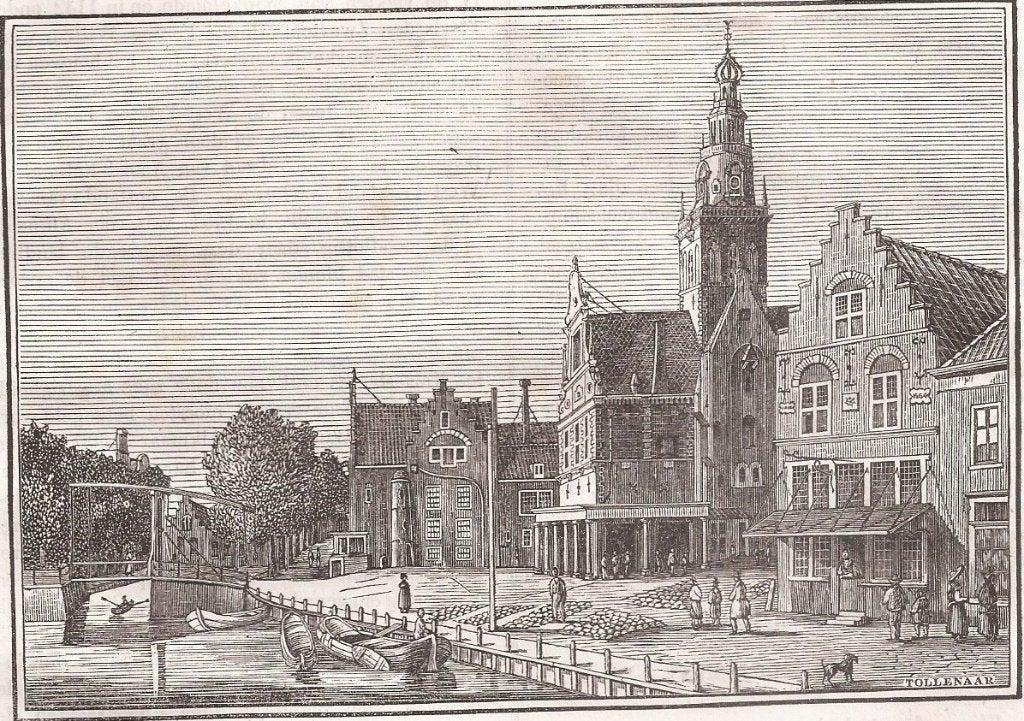 De Kaasmarkt te Alkmaar Houtgravure Tollenaar ca. 1845, Antiek en Kunst, 10 cm, Gesigneerd, 1800 - 1899, Stadsgezicht