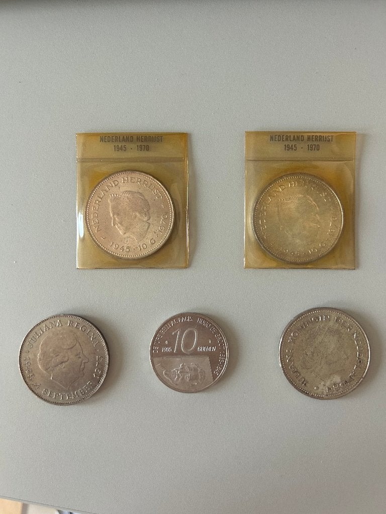 5 Nederlandse zilveren munten – 2x 10 gulden 1970 prooflike, Ophalen, Koningin Juliana, Setje, Zilver