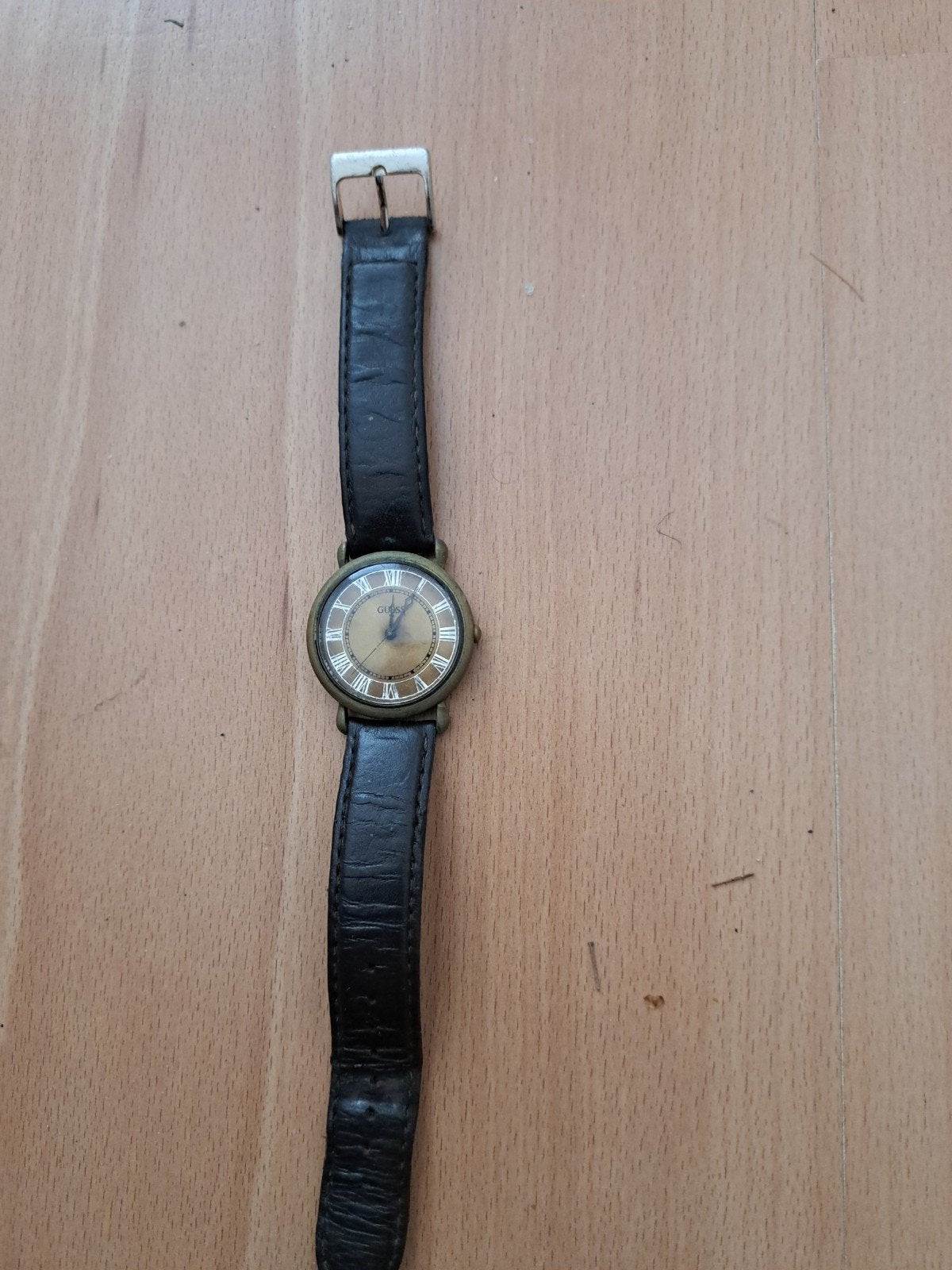 Vintage Guess polshorloge met leren band, Ophalen, Staal, Guess, Polshorloge