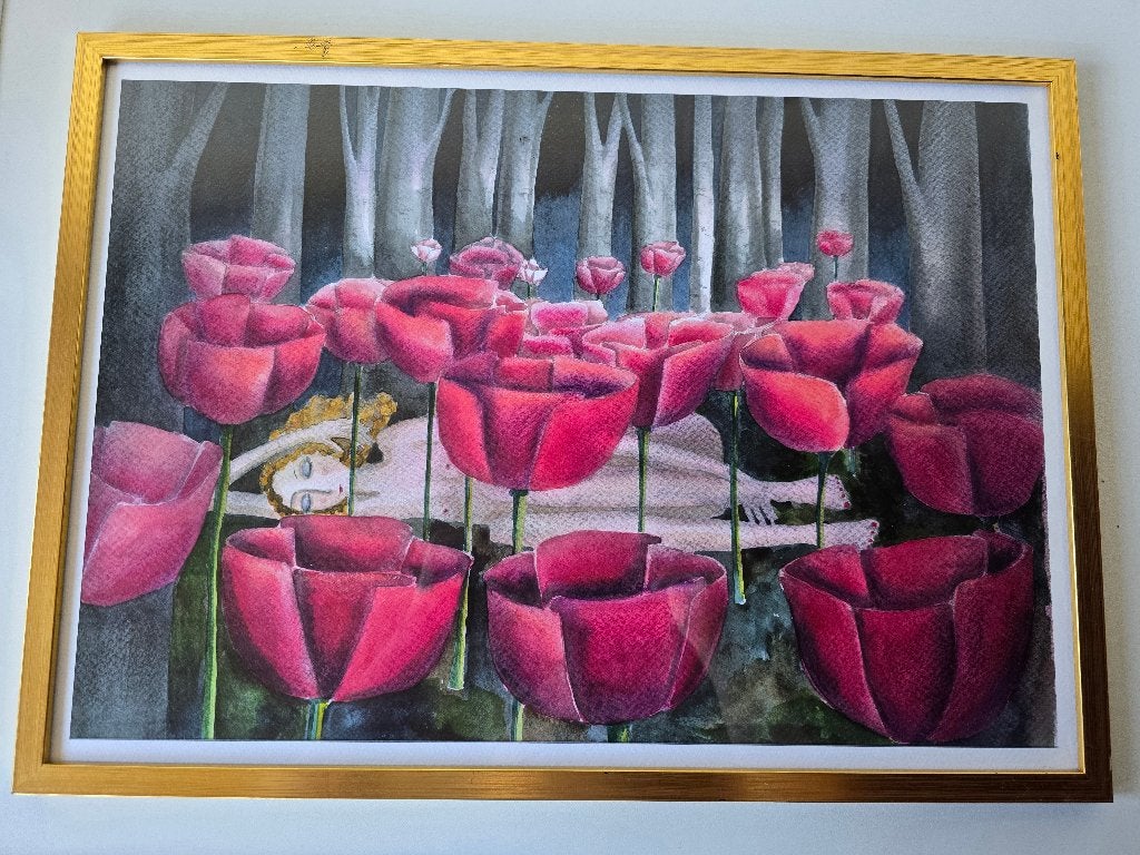 Uit Florance: Sprookjesachtig schilderij van slapende vrouw, Portret of Personen, Realistisch, Ophalen of Verzenden, Aquarel