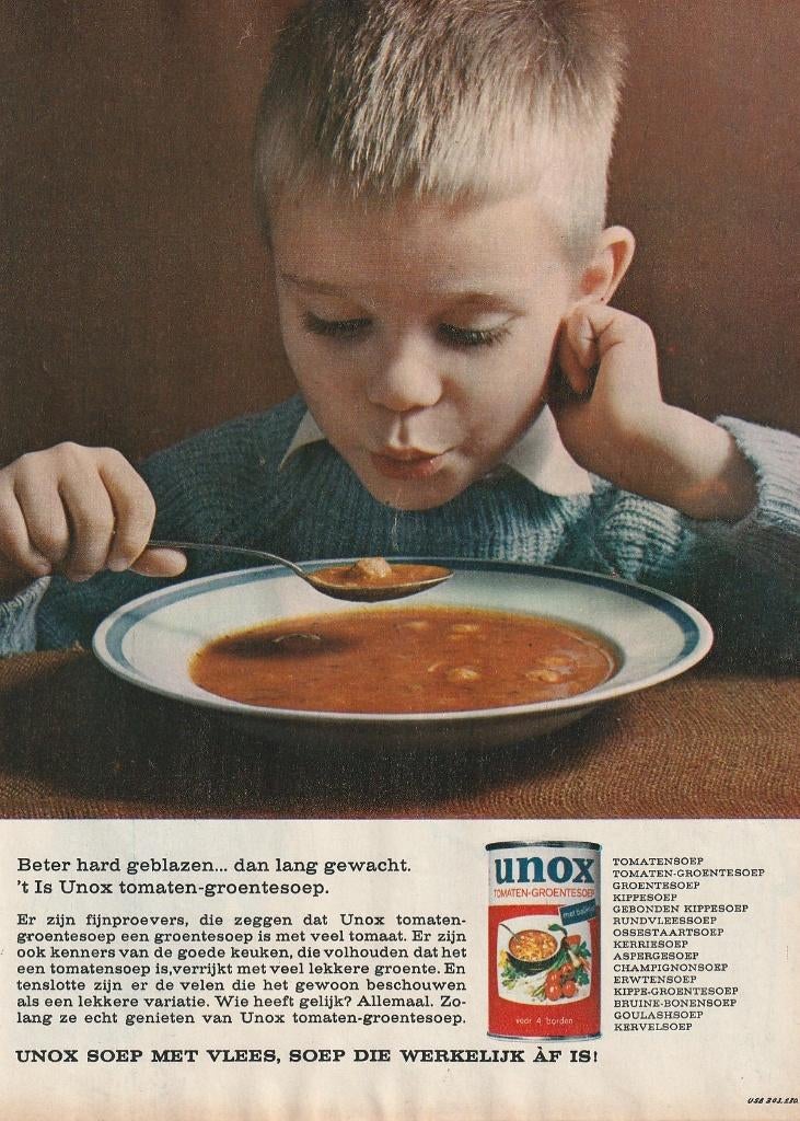 Retro reclame 1966 Unox soep jongetje even blazen nog, Verzenden, Overige typen