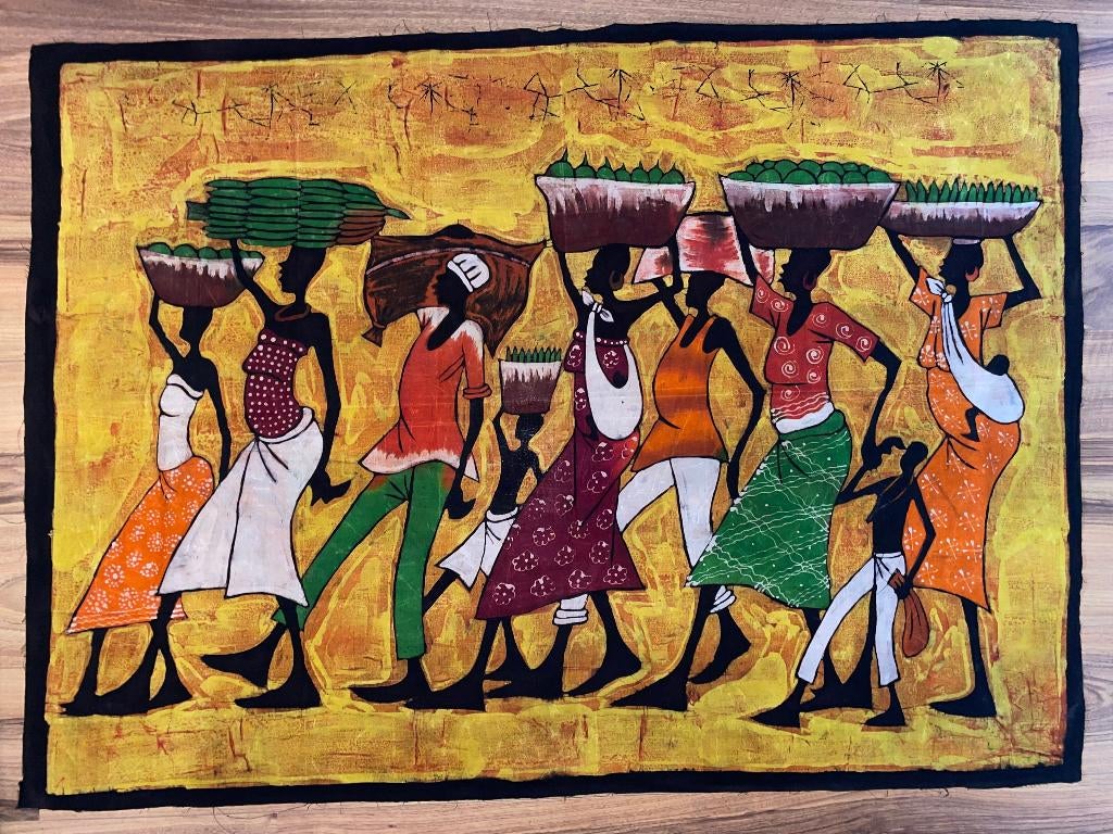 Prachtig groot handgemaakt Afrikaans batik doek / schilderij, Ophalen of Verzenden