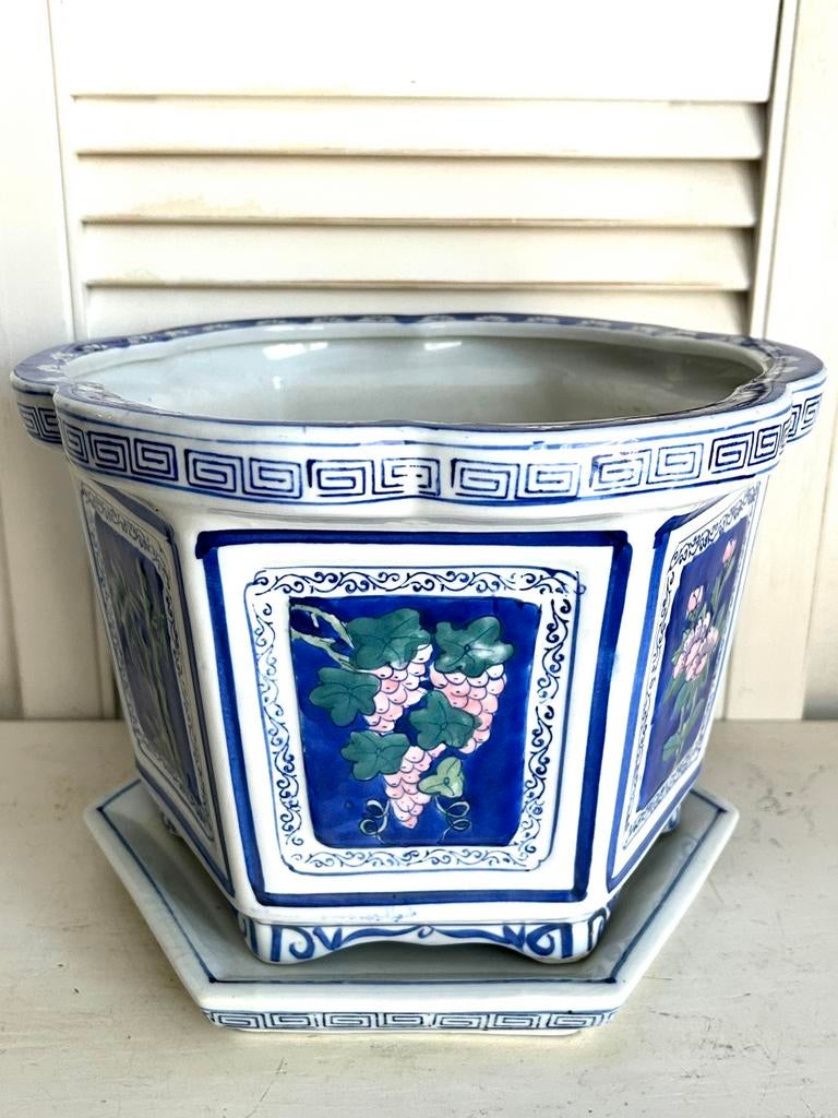 Vintage Chinese bloempot cachepot met onderbord, Ophalen, Balkon, Rond, Zo goed als nieuw