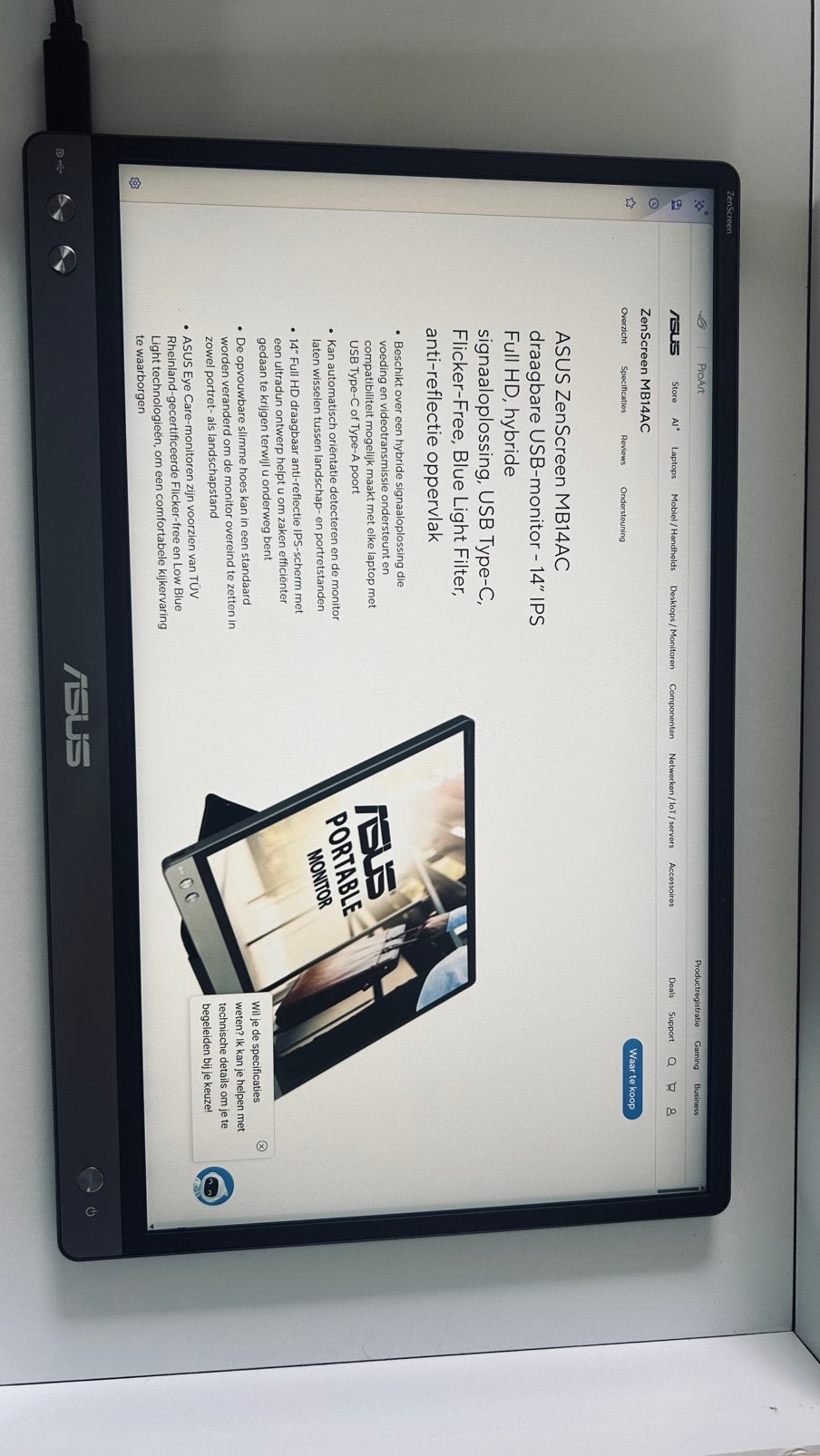 Asus Zenscreen MB 14 inch full-HD portabel monitor, IPS, Full HD, Ophalen of Verzenden, Zo goed als nieuw