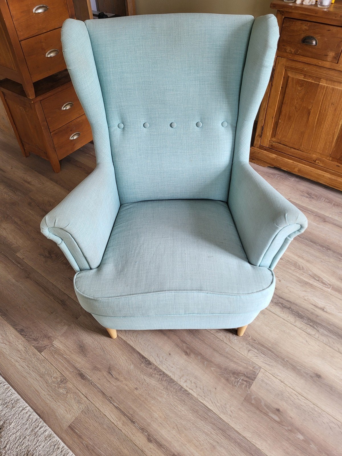 2x IKEA Strandmon met 1 voetenbank, Ophalen, Gebruikt, Minder dan 75 cm, Stof