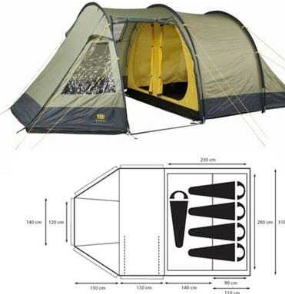 Ruime 4-persoons Perry Sport tent, z.g.a.n. + voortent, Ophalen