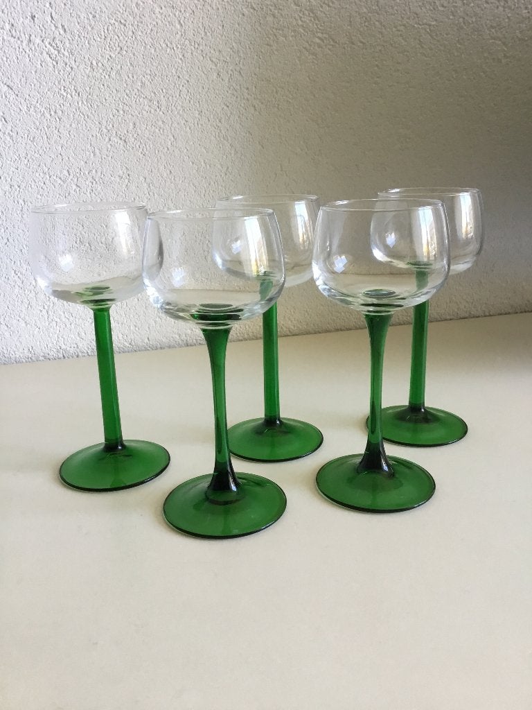 5 vintage glazen luminarc france met groene voet, Ophalen of Verzenden