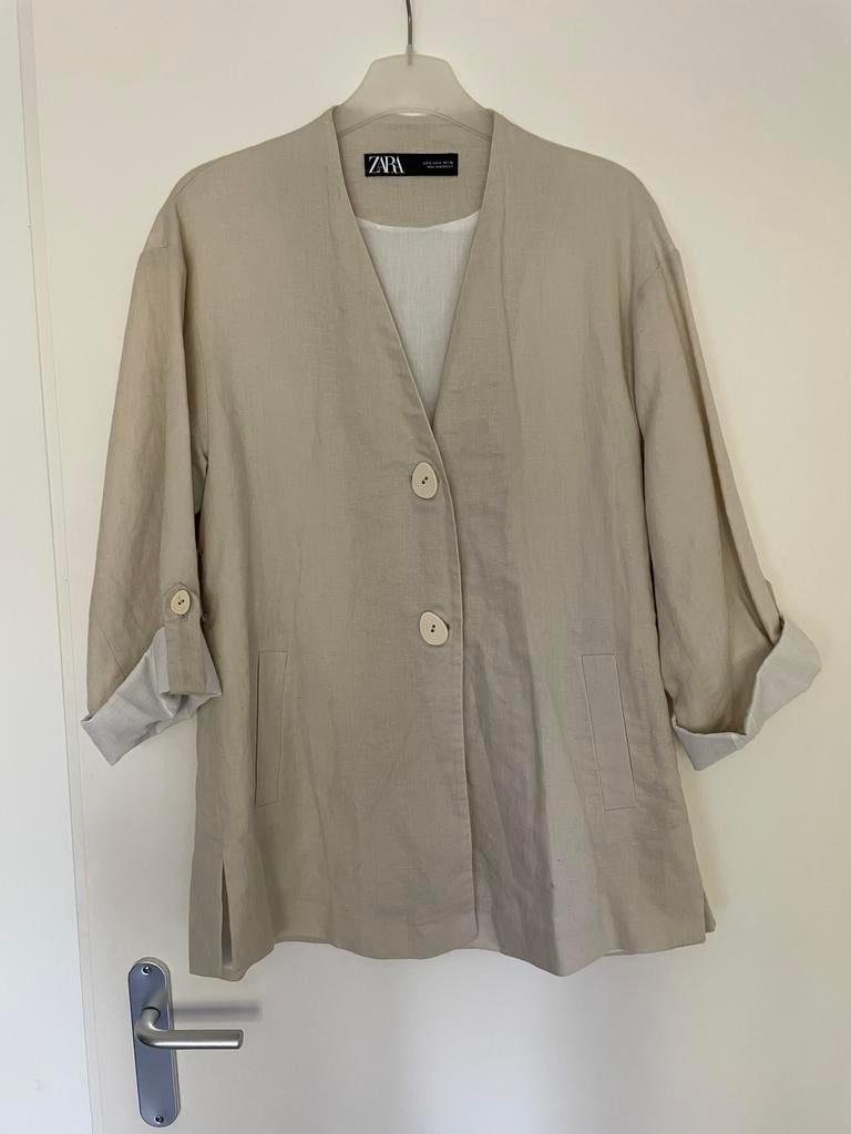 Lichtbeige linnen met katoen colbert jasje van zara maat S, Beige, Ophalen of Verzenden, Zo goed als nieuw, Jasje