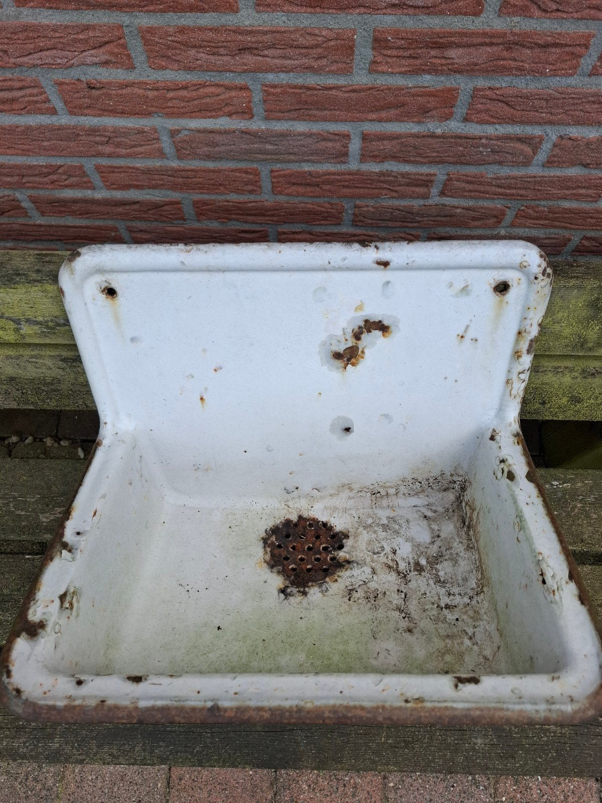 Vintage geëmailleerde wasbak - Wit/Groen, Antiek en Kunst, Ophalen