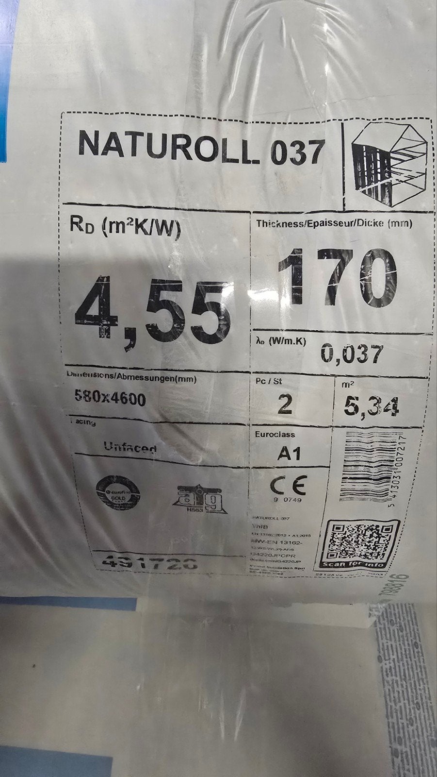 Knauf Naturoll 037 glaswol - 4600x580x170mm - Rd 4.55, Ophalen, 12 cm of meer, Nieuw, 15 m² of meer