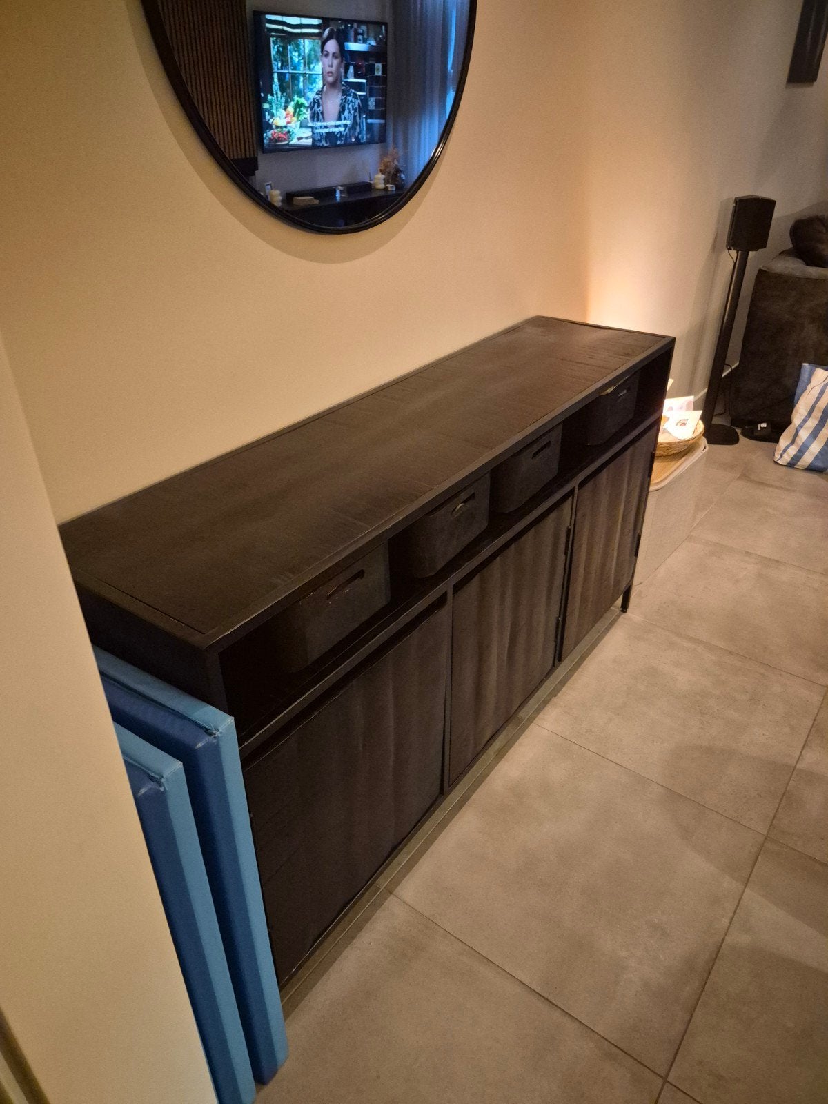 Teakhouten dressoir met ijzeren frame, Ophalen, Met deur(en), Teakhout, 150 tot 200 cm