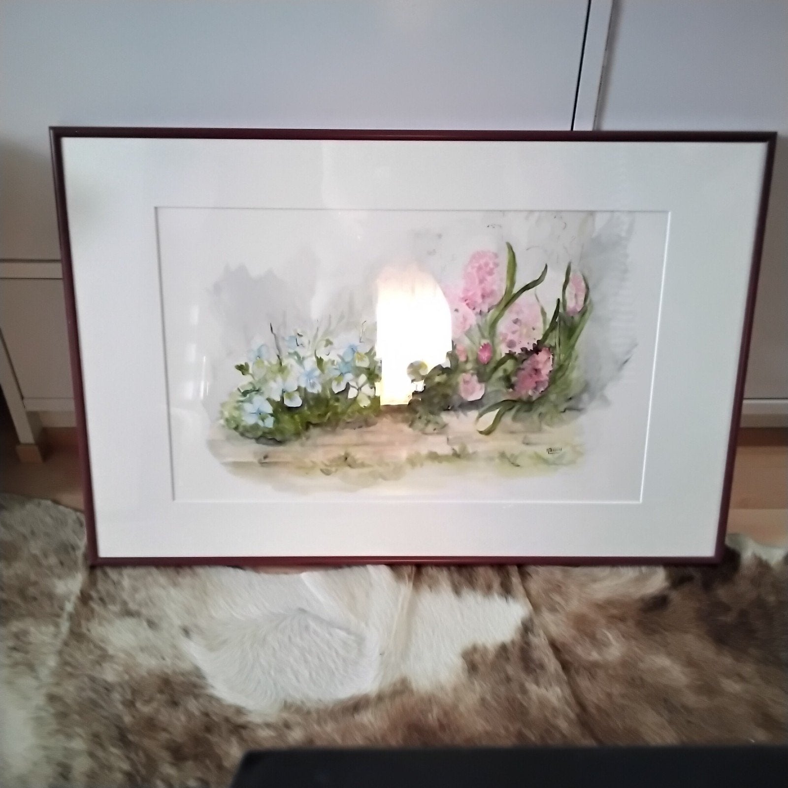 Prachtige  aquarel met viooltjes en hyacinthen, Ophalen, Zo goed als nieuw, Minder dan 50 cm, Schilderij