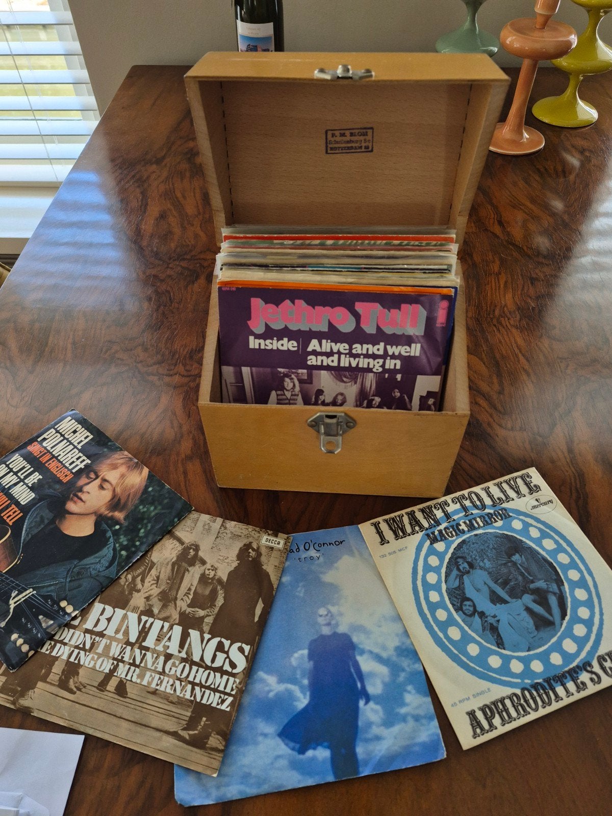 Vintage vinylplaten collectie met houten opbergbox, Cd's en Dvd's, Ophalen, LP, Gebruikt, Pop