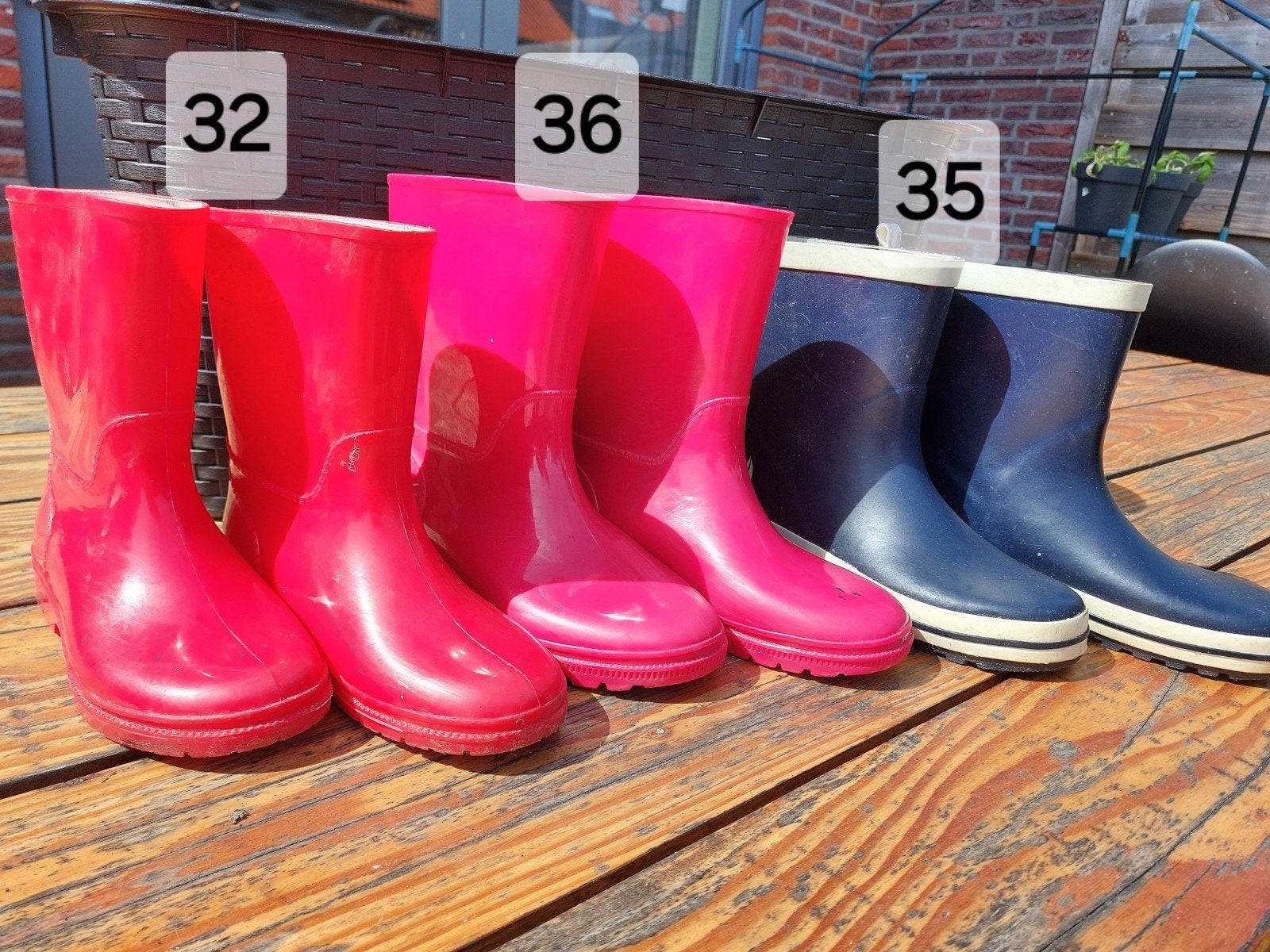 Regenlaarzen kinderlaarzen mt 32, 35 en 36 rood roze blauw, Ophalen of Verzenden, Gebruikt, Jongen of Meisje, Laarzen