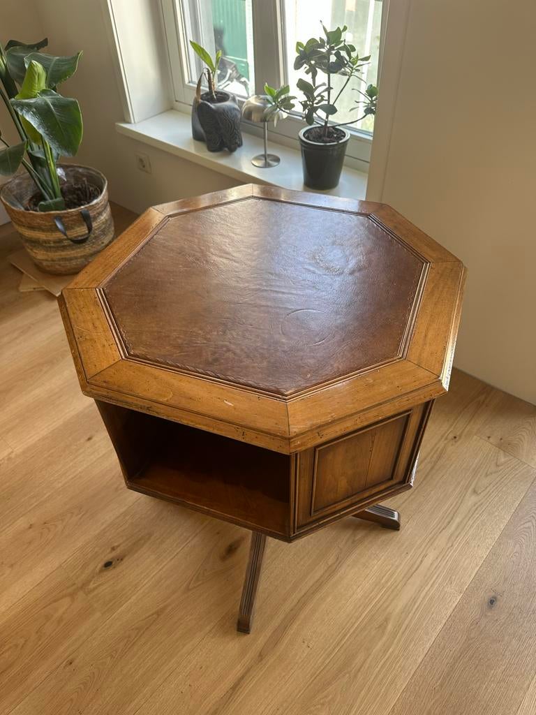 Antieke achthoekige bijzettafel met lederen blad, Ophalen