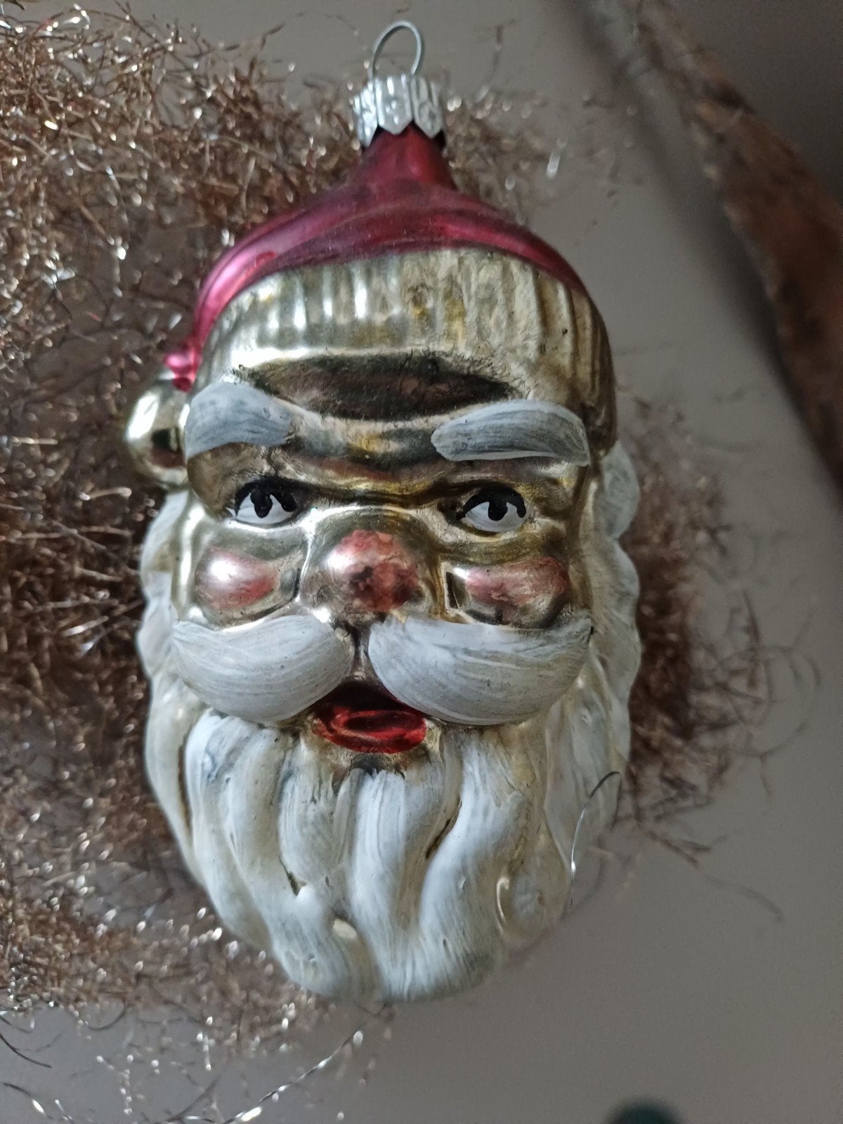 vintage kerstbal van glas groot kerstman hoofd, Ophalen of Verzenden
