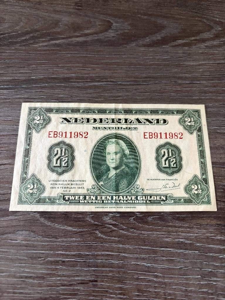 Prachtig biljet 2,5 gulden 1943, muntbiljet Wilhelmina, Ophalen of Verzenden, 1 gulden