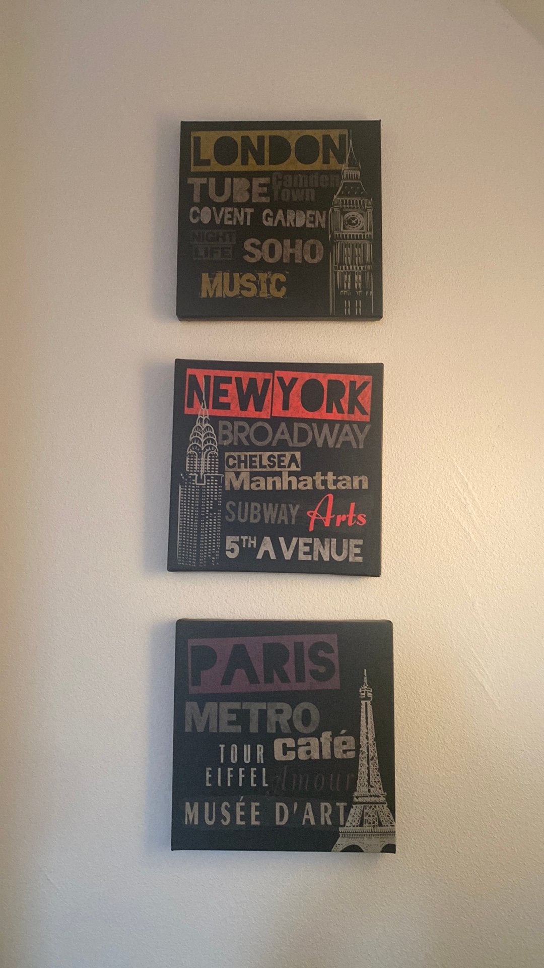 Canvas drieluik New York - London - Paris, Ophalen, A4 of kleiner, Vierkant, Nieuw