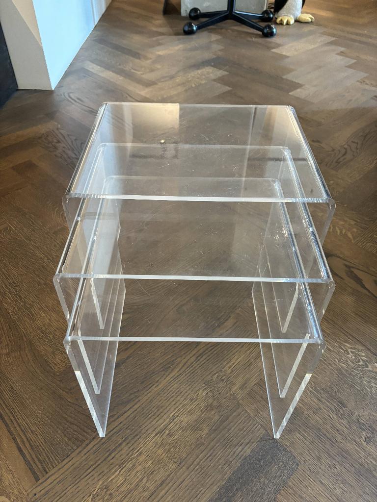 Vintage plexiglas nesting bijzettafels – set van 3, Ophalen, Minder dan 45 cm, Kunststof, Gebruikt