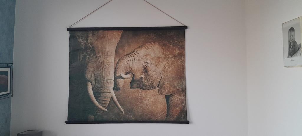 Wandkleed olifanten moeder en kind, Ophalen of Verzenden, Zo goed als nieuw, Bruin, Met ophangsysteem