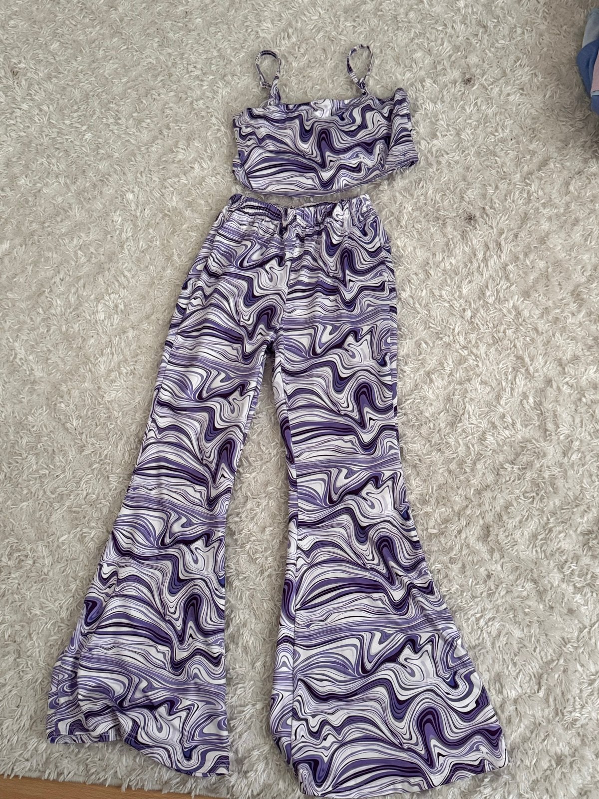 Paarse marmerprint tweedelige set - top en broek, Verzenden, Paars, Zo goed als nieuw, Maat 34 (XS) of kleiner