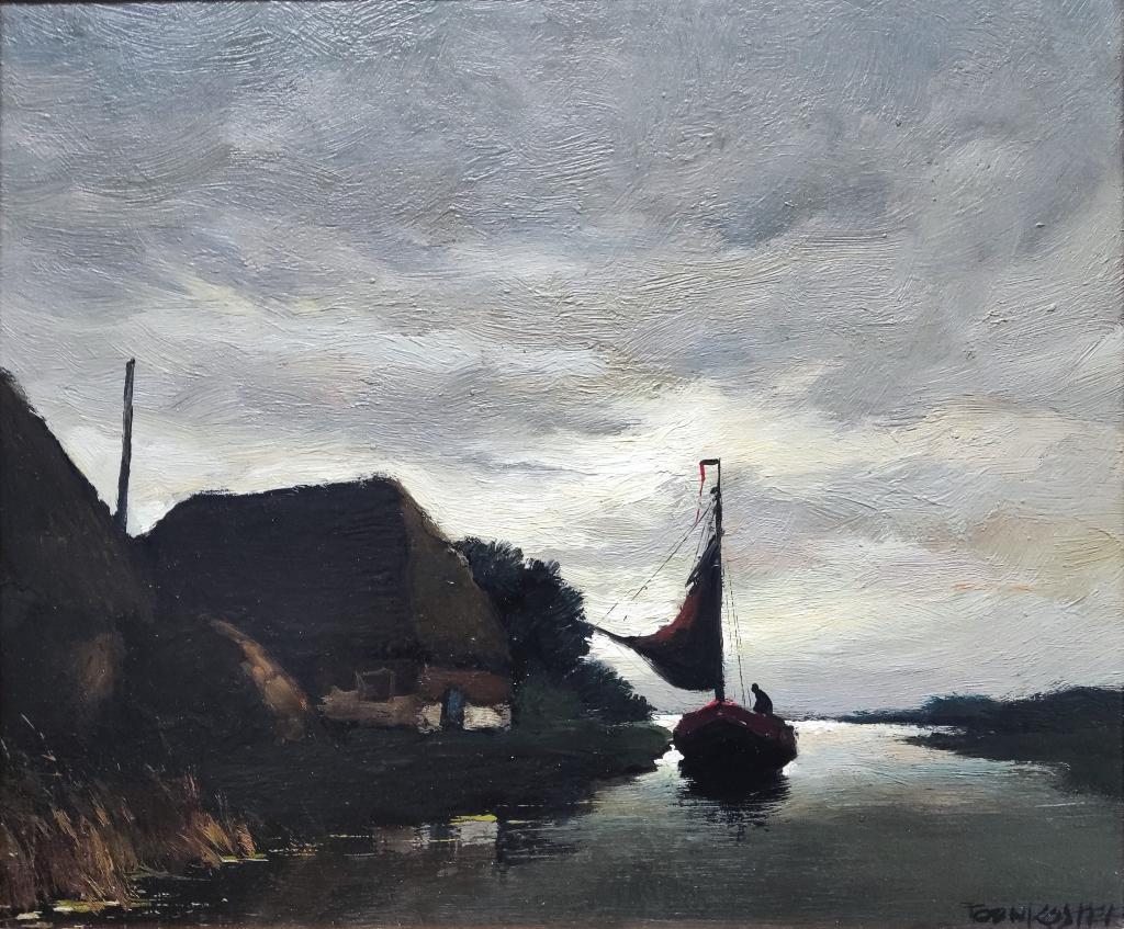 Toon Koster (1913-1990) - Rivierlandschap in de schemer, Ophalen of Verzenden