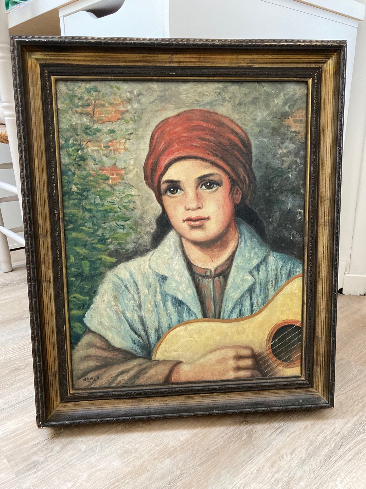 Olieverfschilderij van een persoon met gitaar, gesigneerd, Antiek en Kunst, Ophalen, Realistisch, Olieverf, Portret of Personen
