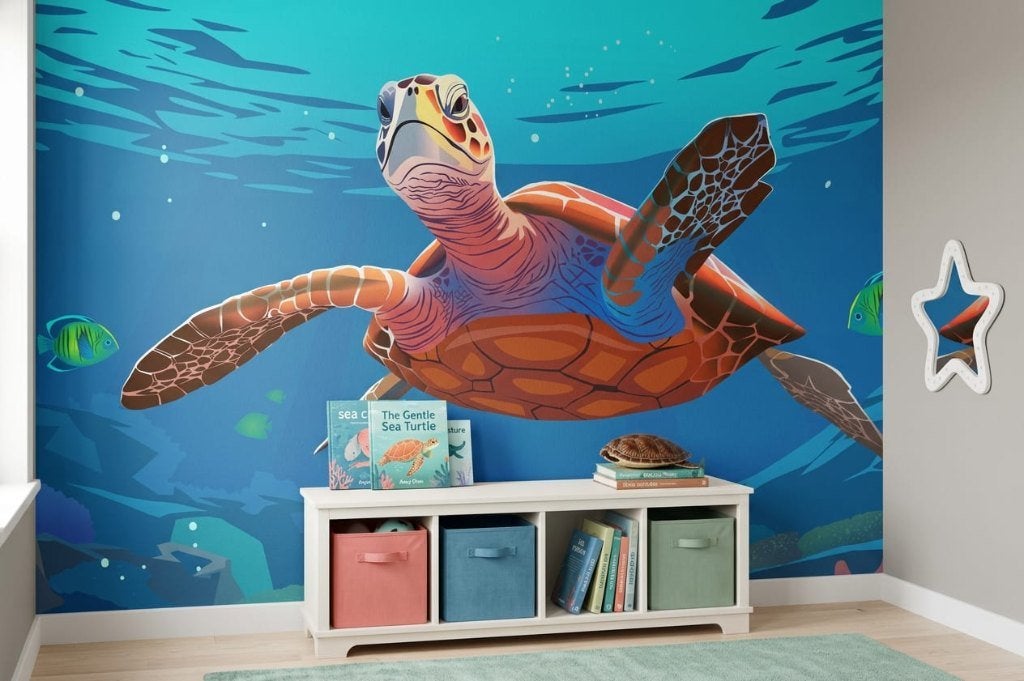 Zee behang kinderkamer – zeeschildpad op maat, Overige merken, 75 m² of meer, Modern, Ophalen of Verzenden