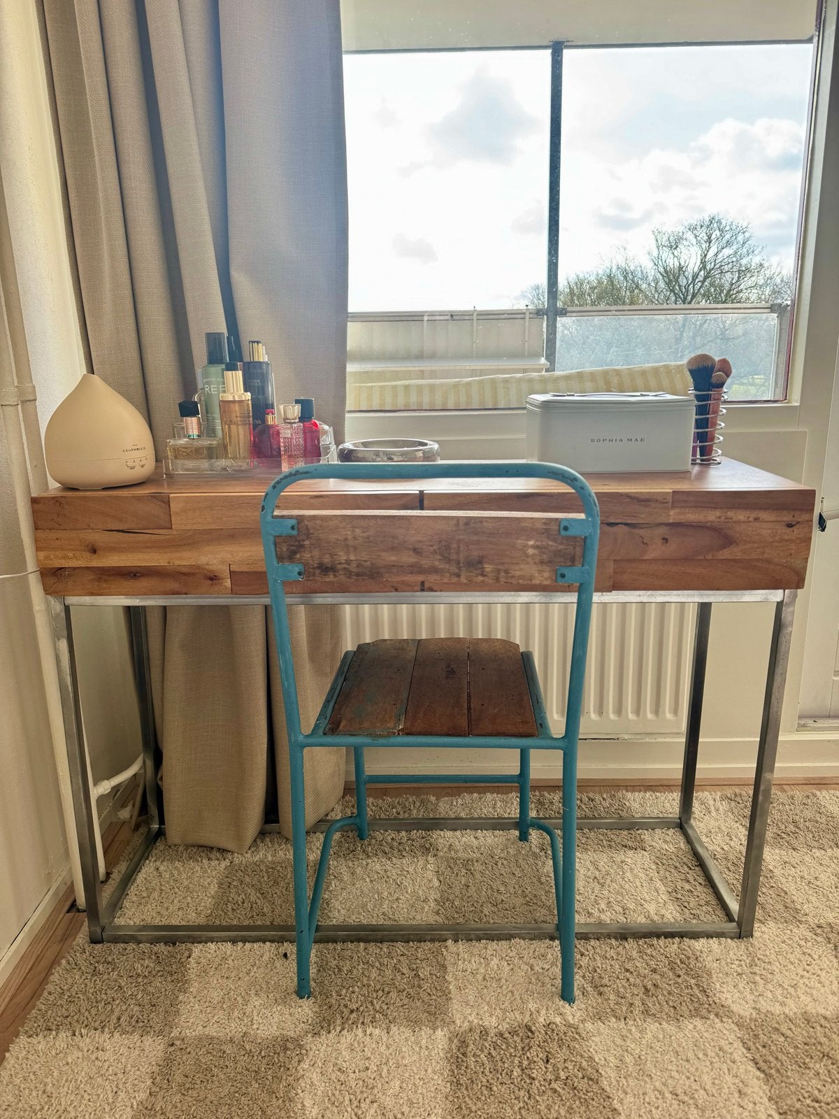 Vintage mid-century bureau / kaptafel met stoel, Ophalen, Gebruikt, 100 tot 150 cm, Minder dan 100 cm