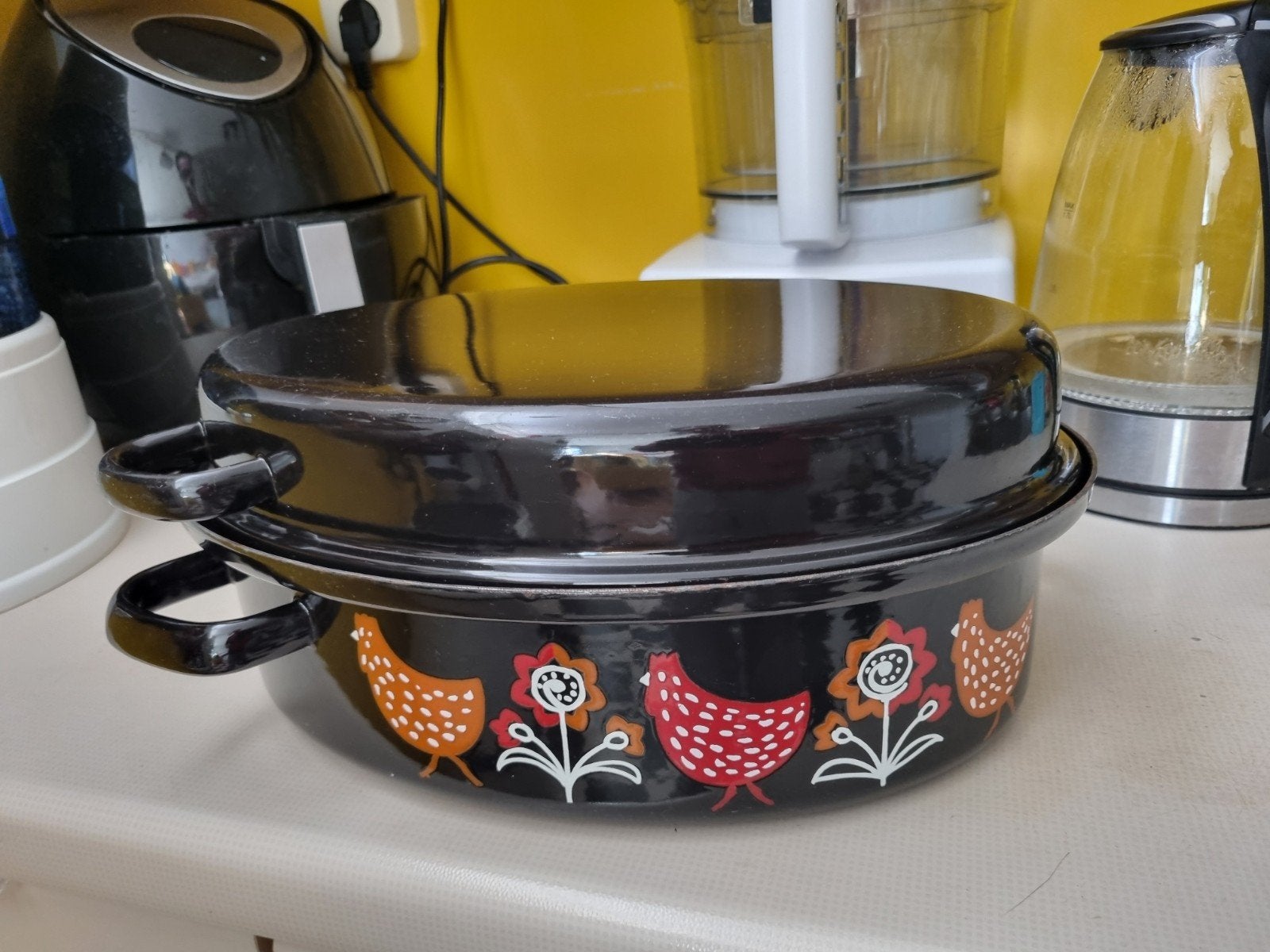 Vintage Emaille? Braadpan met Kipdecor - Groot Formaat, Ophalen of Verzenden