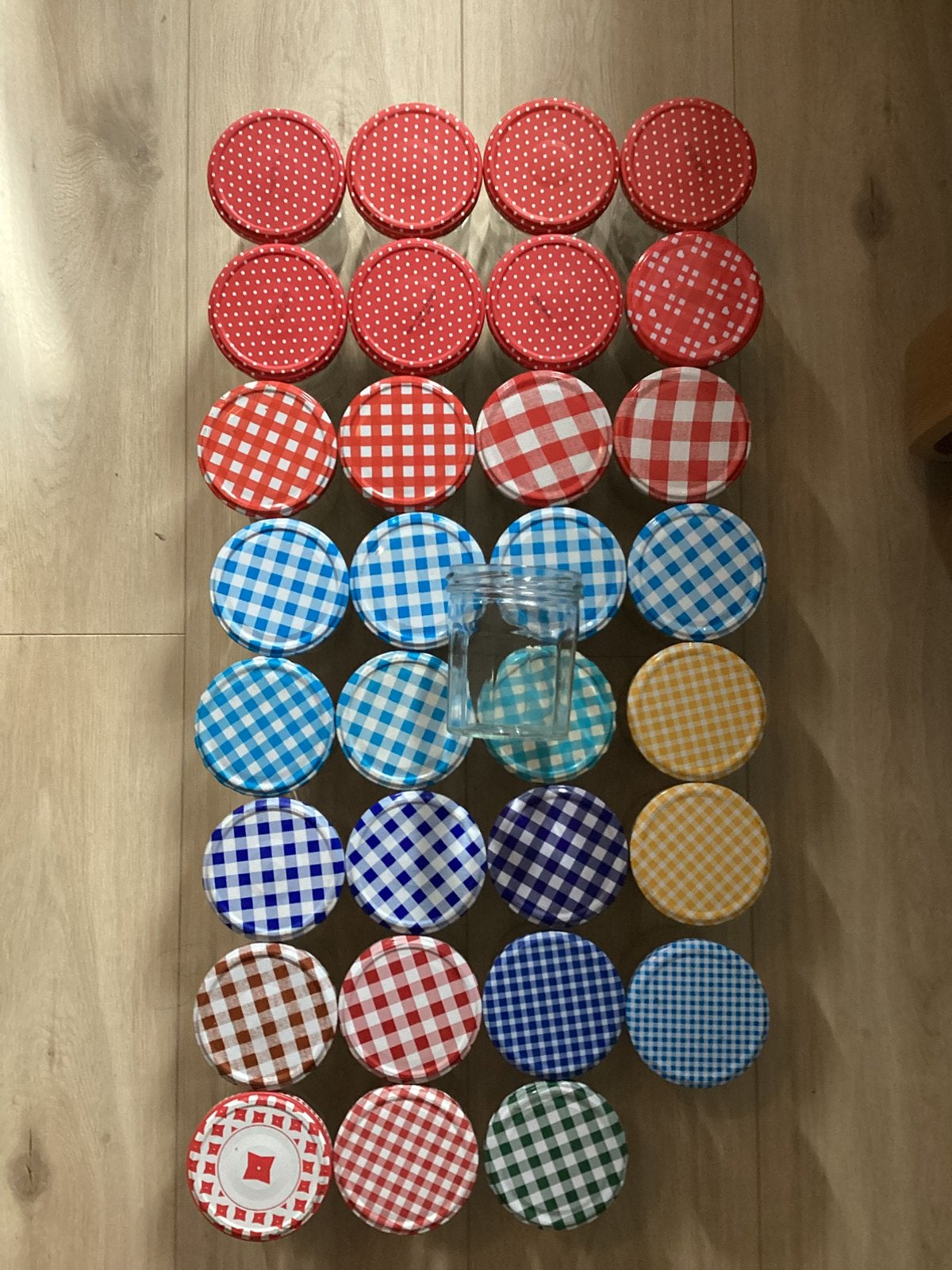31 lege glazen potjes 370g met geruite en gestipte deksels, Ophalen of Verzenden