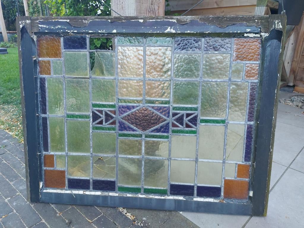 Authentiek glas-in-loodraam met kleurrijk patroon, Doe-het-zelf en Verbouw, Glas en Ramen, Gevelraam of Ruit, Gebruikt, Minder dan 80 cm