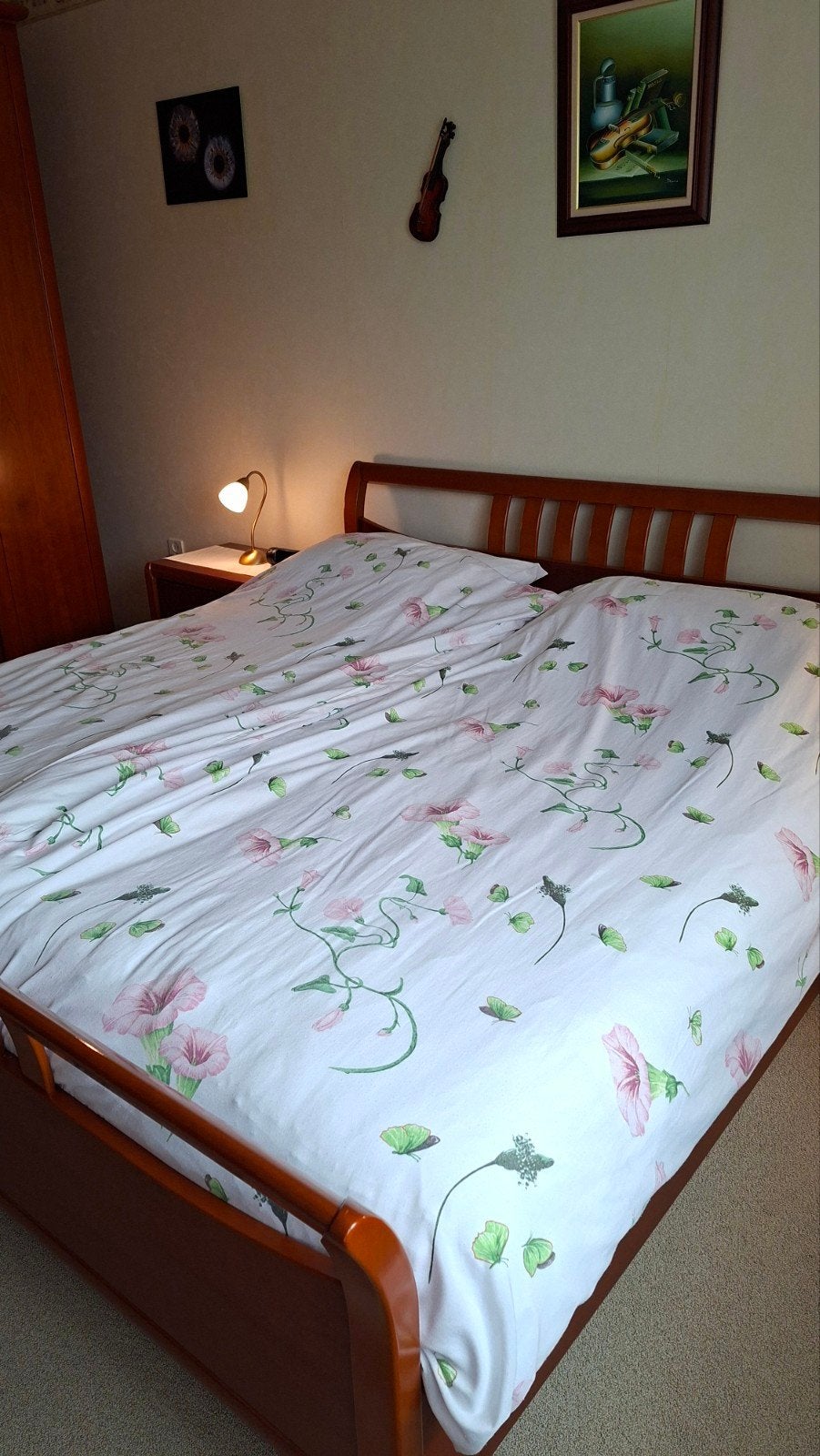 Tweepersoonsbed met houten frame en lattenbodem, Ophalen, Gebruikt, Bruin, Klassiek