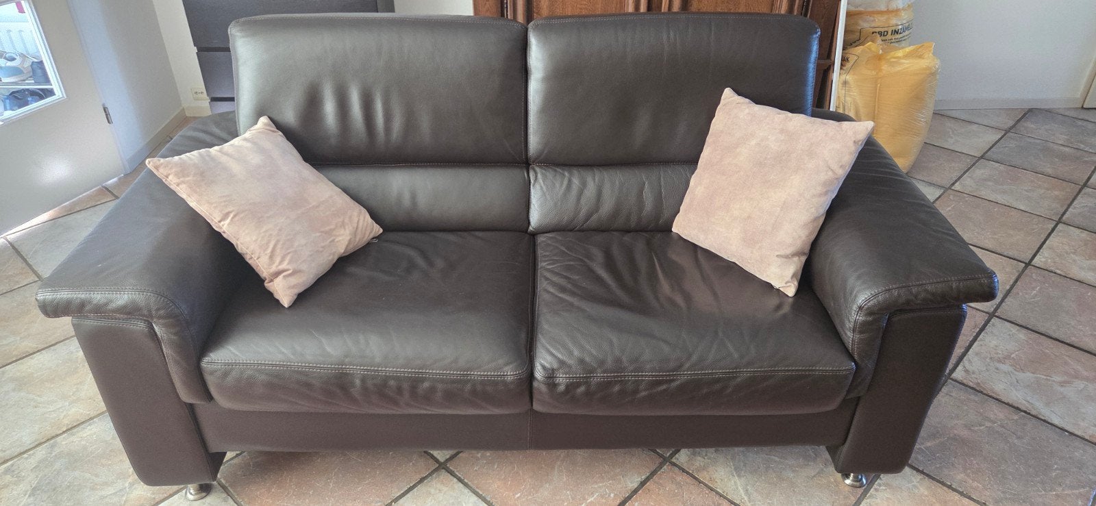 Comfortabele bankstel 195 cm breed, bruin leer, Ophalen, Gebruikt, 150 tot 200 cm, Tweepersoons