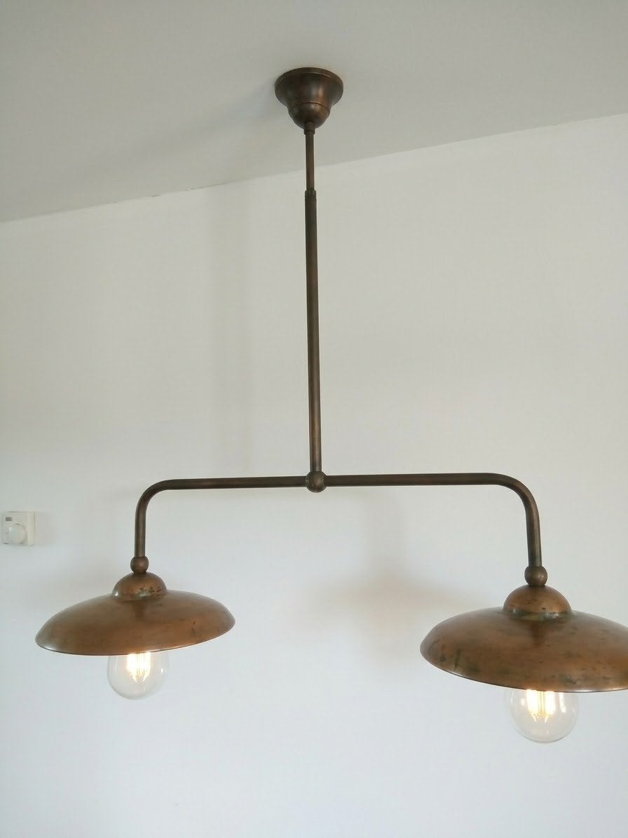 Sfeervolle Bronzen 2-Lichts Hanglamp / Stangenlamp (Vintage, Huis en Inrichting, Ophalen, E27 (groot), Zo goed als nieuw, Landelijk industrieel