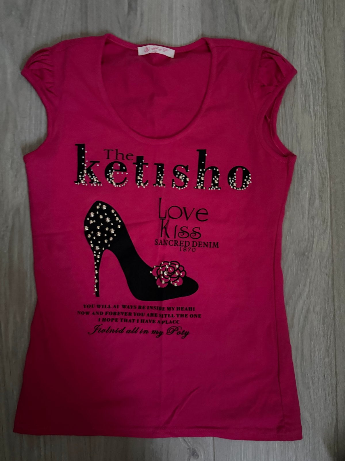 Roze T-shirt met hoge hak print en strass steentjes maat l, Maat 42/44 (L), Ophalen of Verzenden, Zo goed als nieuw, Korte mouw
