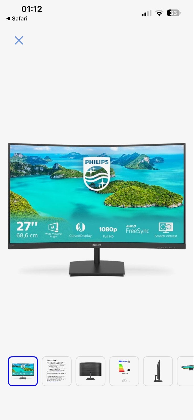 Philips 27" Curved Full HD Monitor met FreeSync, Curved, VA, Full HD, Zo goed als nieuw