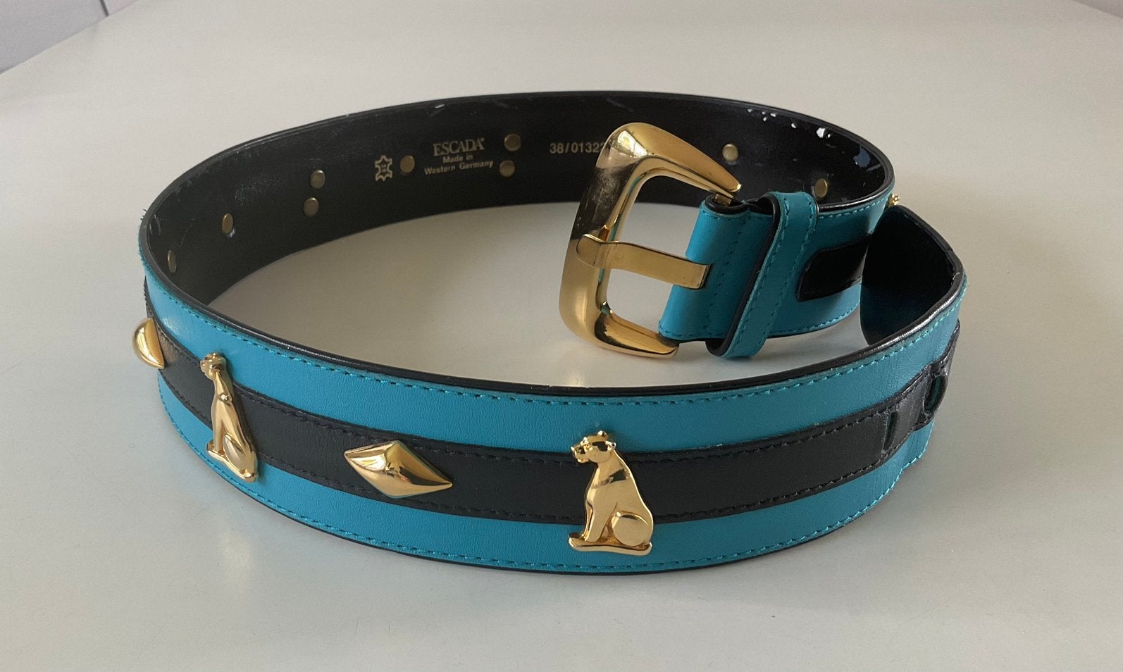 Vintage ESCADA riem turquoise, zwart & goud; jaren 80/90, 3 tot 5 cm, Echt leder, Ophalen of Verzenden, Gedragen