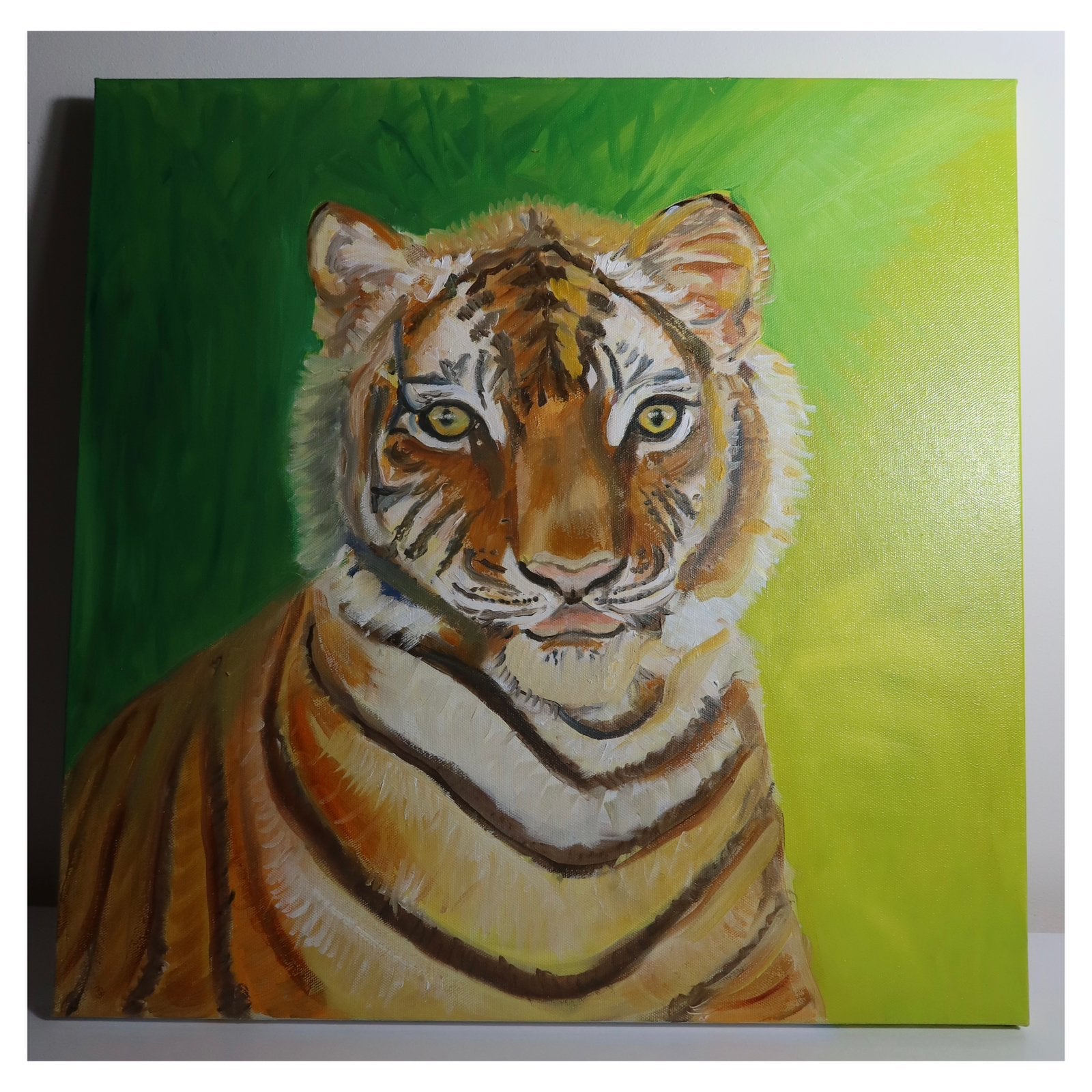 ‘’De blik van een jonge tijger’’ – Olieverf – 50x50, Antiek en Kunst, Kunst | Schilderijen | Modern, Ophalen, Dieren, Overige materialen