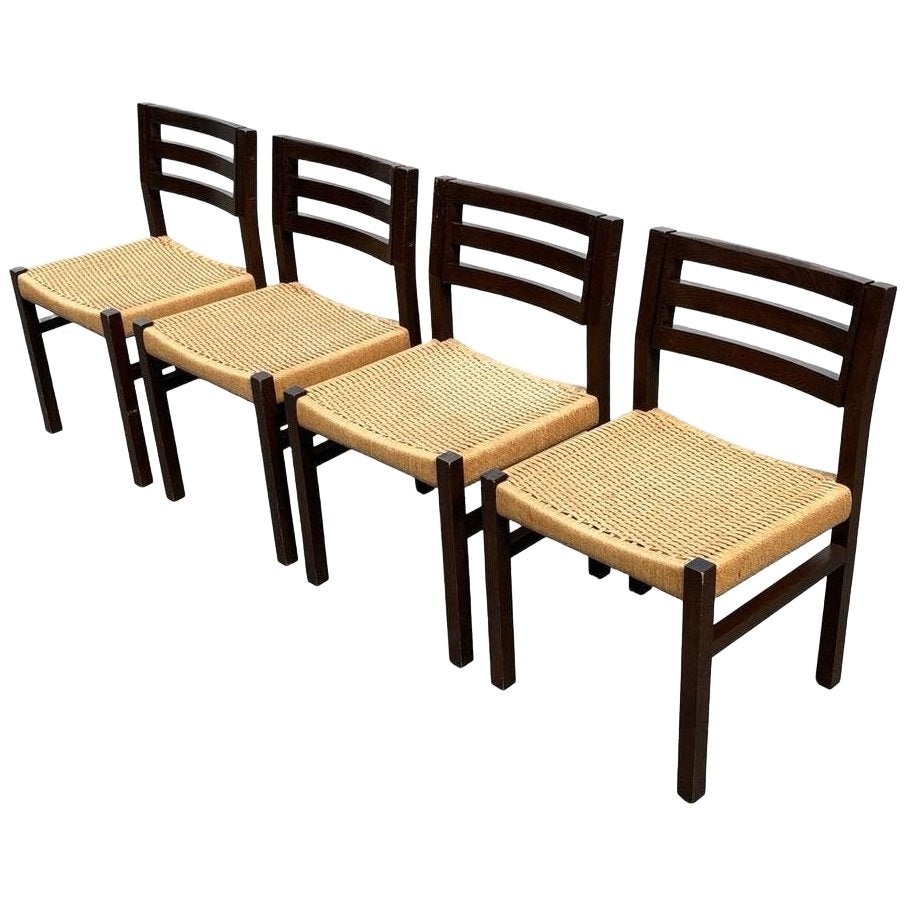 Vintage set van vier eetkamerstoelen papercord jaren 60, Gebruikt, Vintage, Vier, Overige materialen