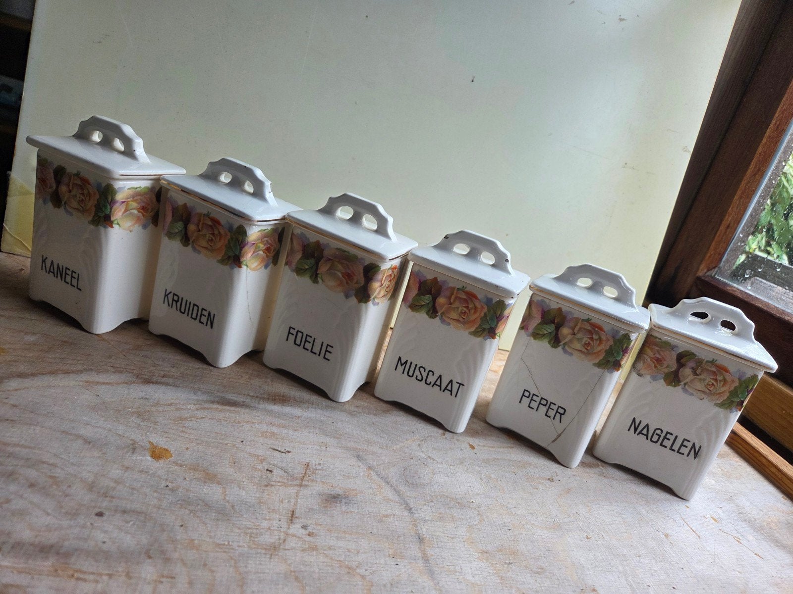 Set van 6 Vintage Kruidenpotjes met Rozenmotief, Ophalen of Verzenden