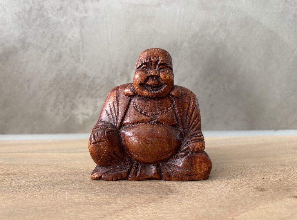 KLEIN Beeldje Rozenhout Happy Boeddha Hotei 8 cm, Ophalen of Verzenden