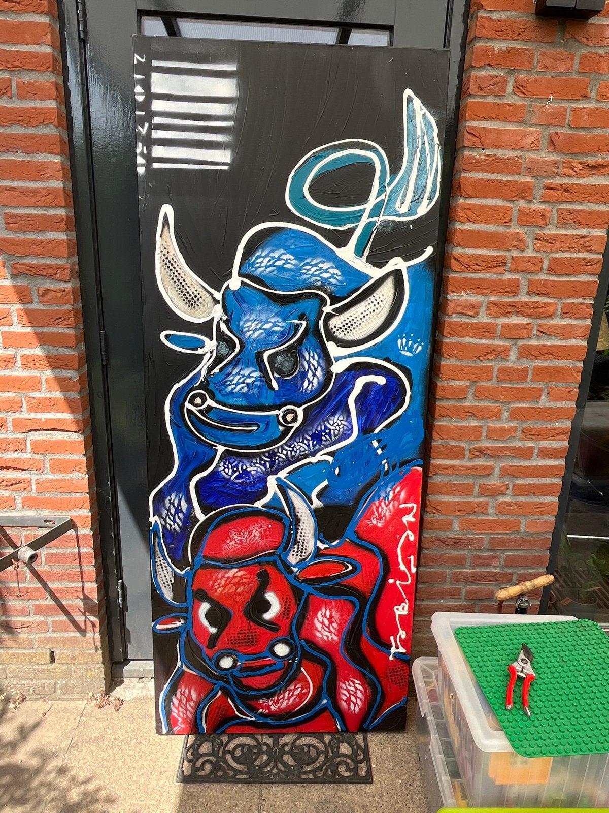 Groot doek van Fabian, stieren periode, Herman Brood stijl, Ophalen, Handgeschilderd, Dieren, Gemengde techniek